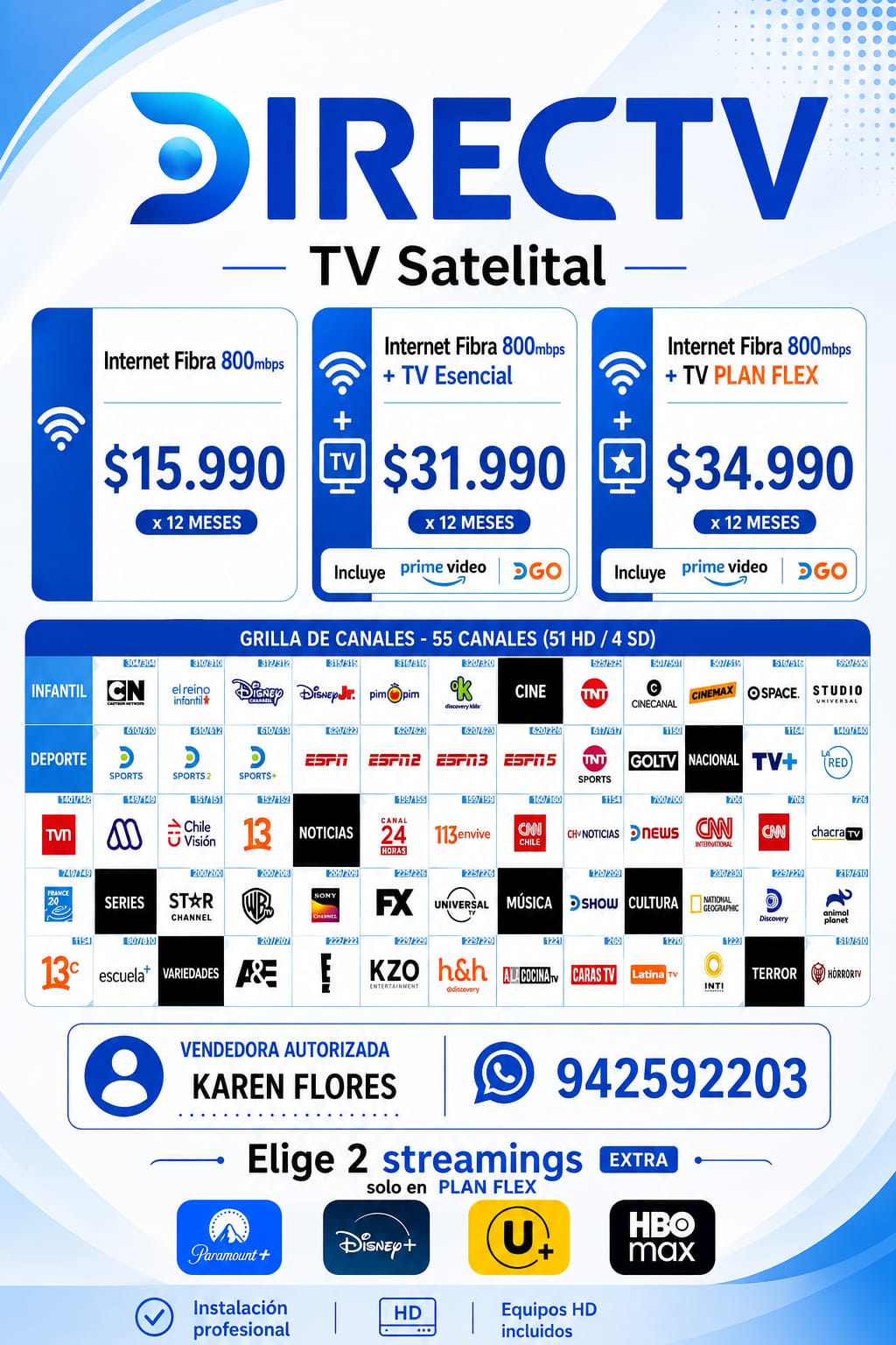 Planes DIRECTV Chile: Internet Fibra 800 Megas y TV Satelital con precios y grilla de 55 canales