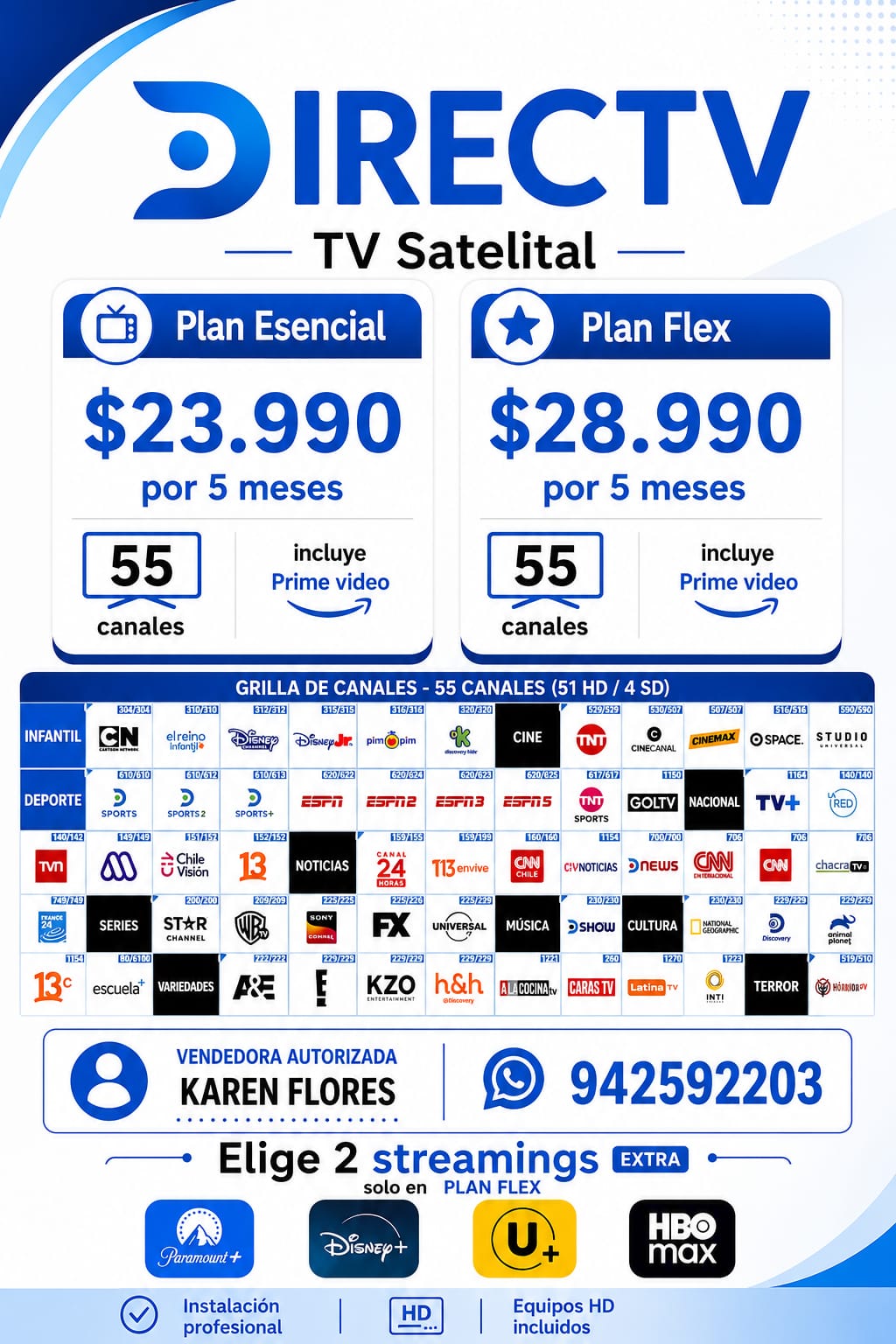 Grilla completa de 55 canales de TV Satelital DIRECTV con planes Esencial y Flex